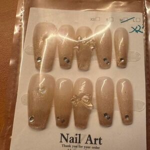 Press On Nails Nude Gold Glitter‎ Bow Accent Manicure False Nail Art Medium